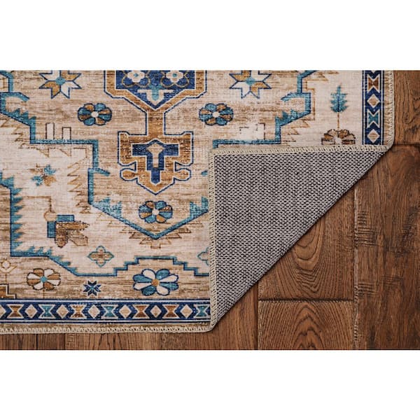 Washable Jackson Ivory and Gold 5 ft. x 7 ft. Distressed Polyester Area Rug