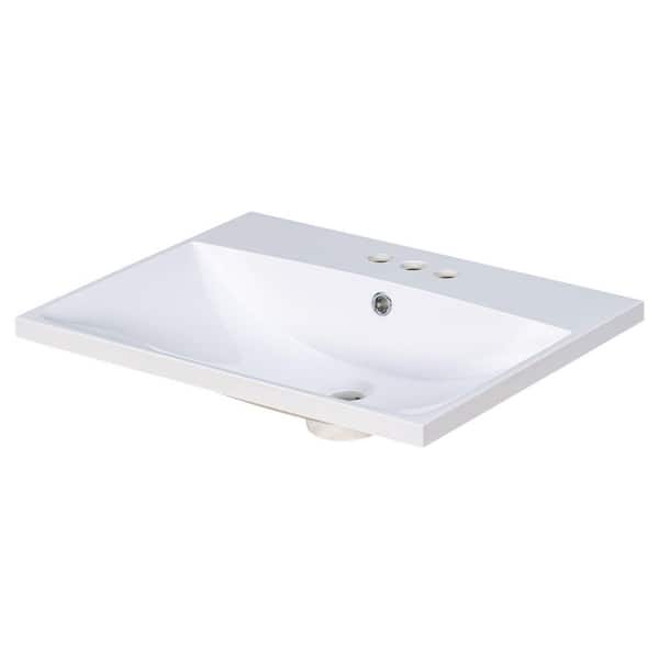 24 in. Drop-In Rectangular Integrated Vanity Top Bathroom Sink in White Resin with 3-Faucet Holes