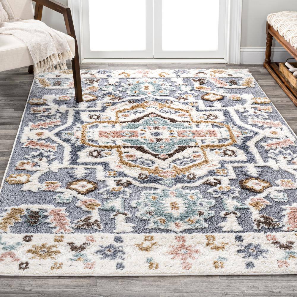 Aziza Gray and Multicolor Synthetic Medallion Area Rug