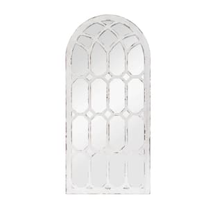 22.2 in. W x 47.25 in. H Arched Framed Windowpane Distressed White Wall Mirror