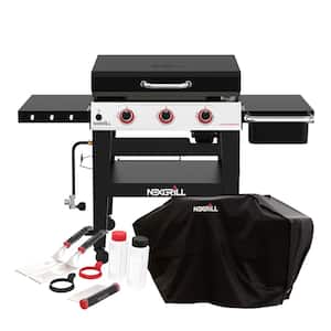 Daytona 3-Burner Propane Gas Grill 30 in. Flat Top Griddle in Black with Cover and 7-Pieces Starter Set Bundle