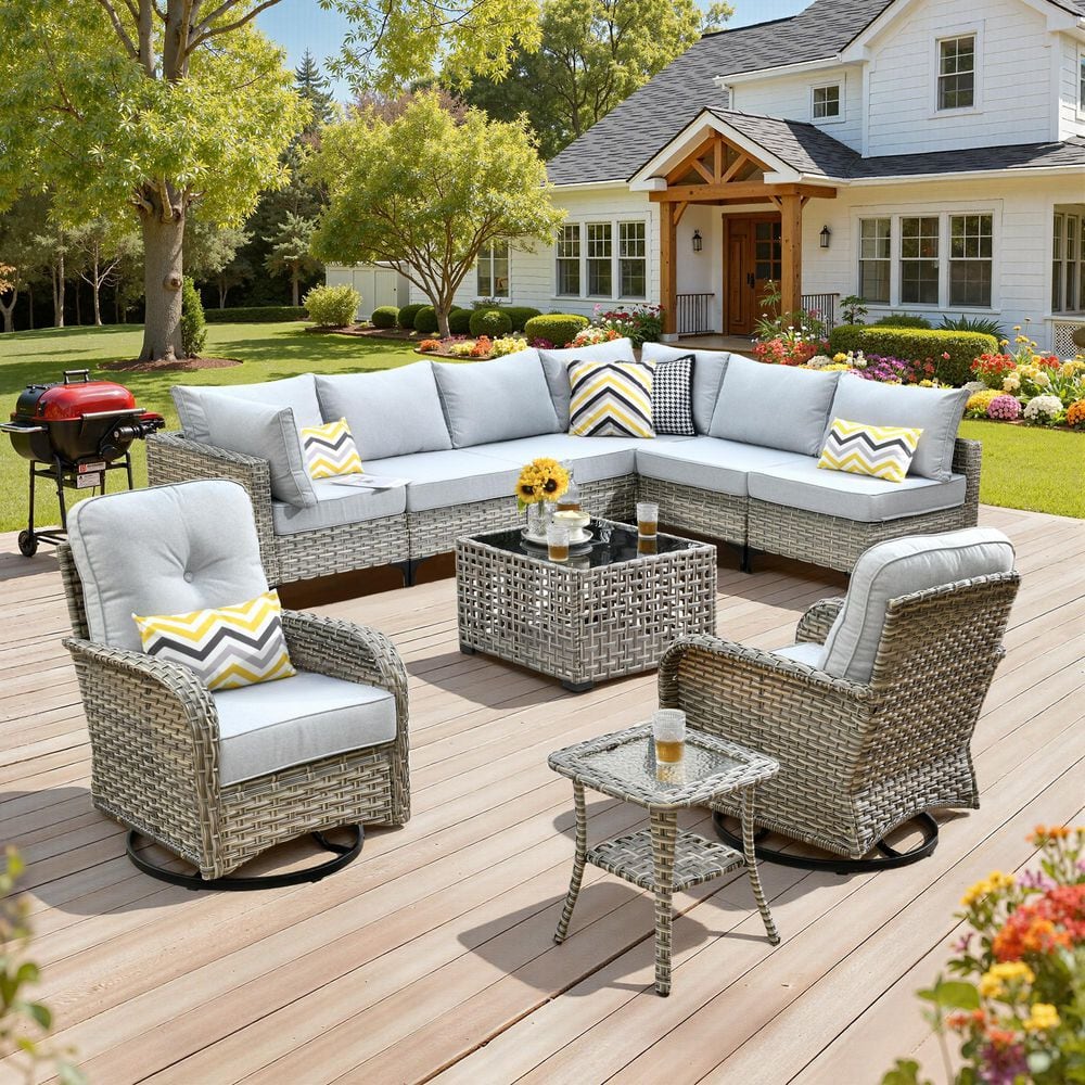Solvoc 10-Piece Wicker Outdoor Patio Conversation Sofa Set with Light Gray Cushion, Swivel Chair, Lights Coffee Table price history on PriceWatchPro