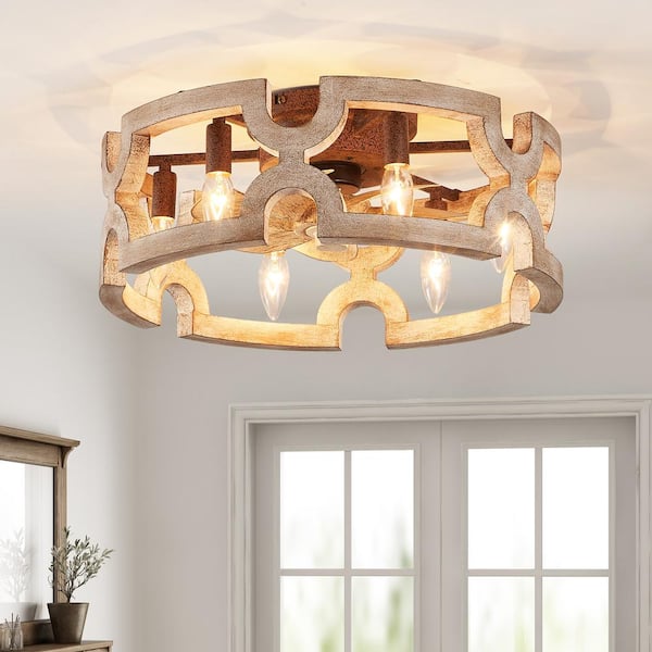 Genoxygic 13 in. Blade Span 19 in. Indoor Bronze Oak Wood Flush Mount Ceiling Fan with 4-Lights and Remote Farmhouse Ceiling Fan
