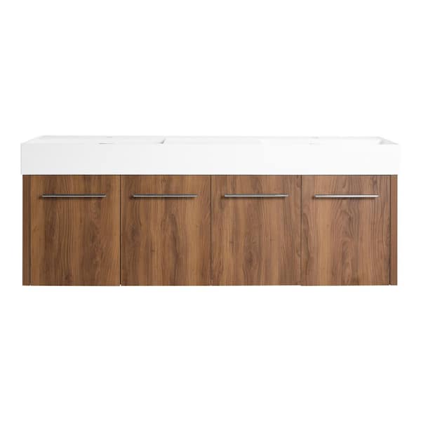 60 in. Wall-Mounted Double Brown Ebony Bath Vanity with White Resin Top Unassembled
