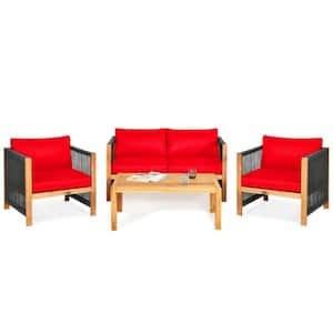 4-Piece Acacia Wood Patio Conversation Set Outdoor Sofa Set with Red Cushions