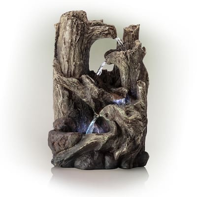 14 in. Tall Indoor 5-Tier Tabletop Rainforest Tree Trunk Waterfall Fountain with LED Lights