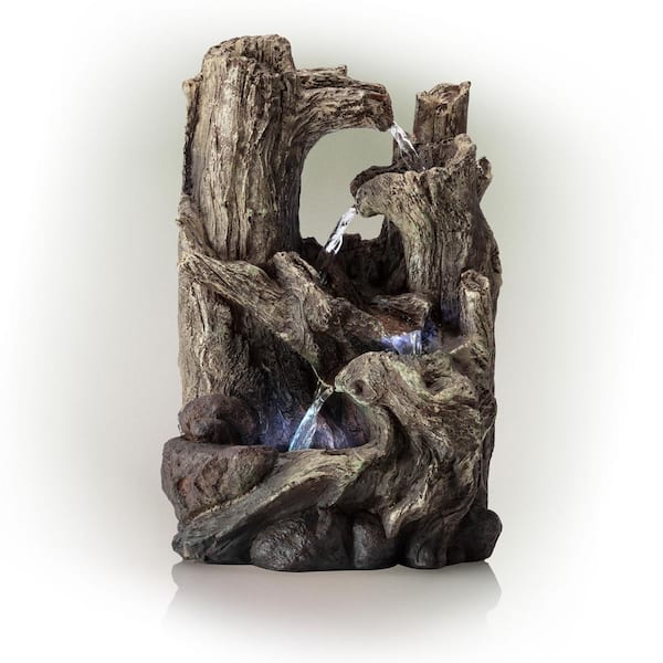 Alpine Corporation 14 in. Tall Indoor Tiered Log Tabletop Fountain with LED Lights