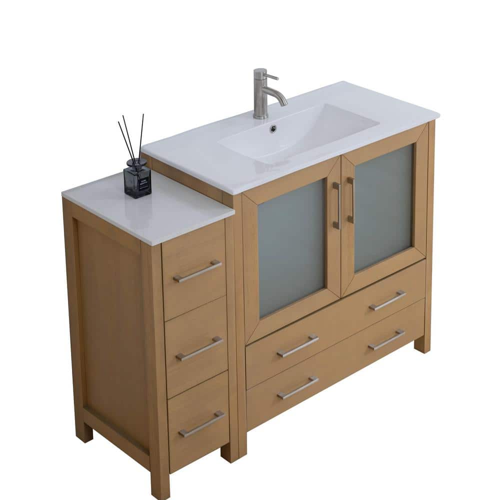 Natural Oak 48" Bathroom Vanity with White Ceramic Top and Mirror