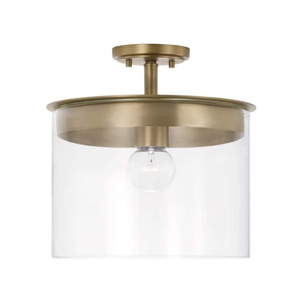 HOMEPLACE LIGHTING Mason 13 in. W x 14.5 in. H 1-Light Semi-Flush or Pendant in Aged Brass with Clear Glass