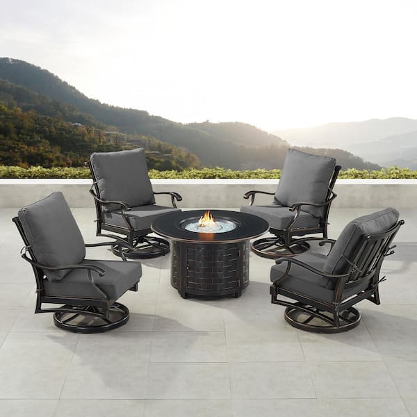 Black 5-Piece Aluminum Patio Fire Table Set with Black Cushions