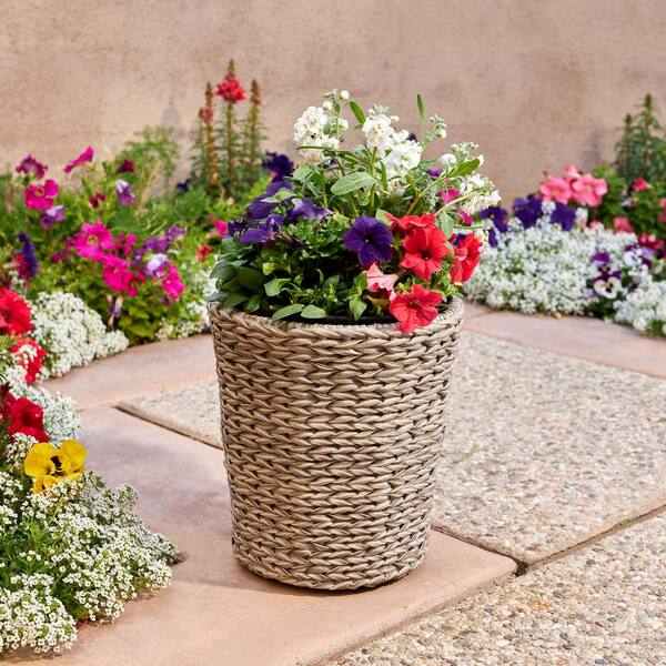 Megan 12 in. Dia x 13 in. H Gray Resin Wicker Round Planter with Liner ...