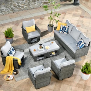 Echo Black 7-Piece Wicker Multi-Functional Pet Friendly Outdoor Patio Conversation Sofa Set with Light Gray Cushions