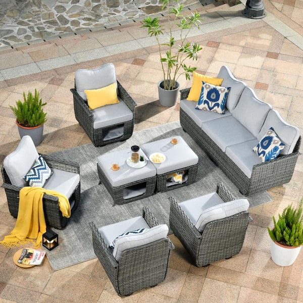 HOOOWOOO Echo Black 7-Piece Wicker Multi-Functional Pet Friendly Outdoor Patio Conversation Sofa Set with Light Gray Cushions