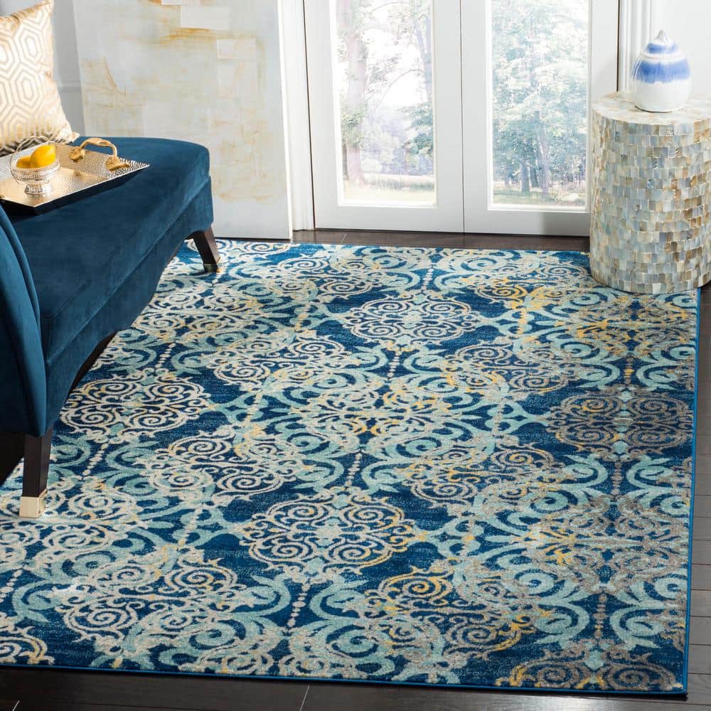Royal and Light Blue Synthetic 3' x 5' Damask Area Rug