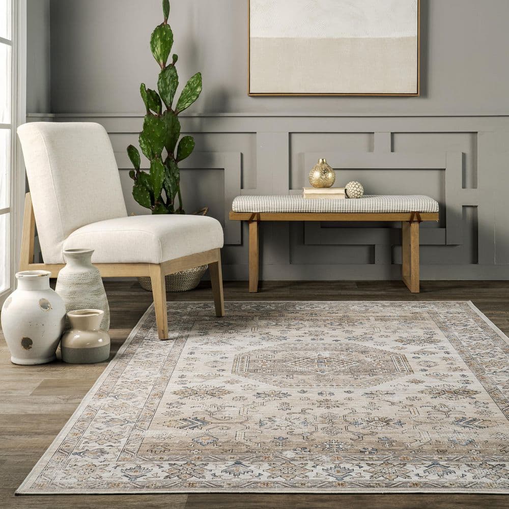 Darby Beige and Ivory Synthetic 9' x 12' Washable Area Rug