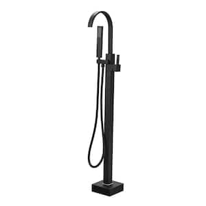 Single-Handle Solid Brass Floor Mount Free Standing Bathroom Faucet with Handheld Shower in Matte Black