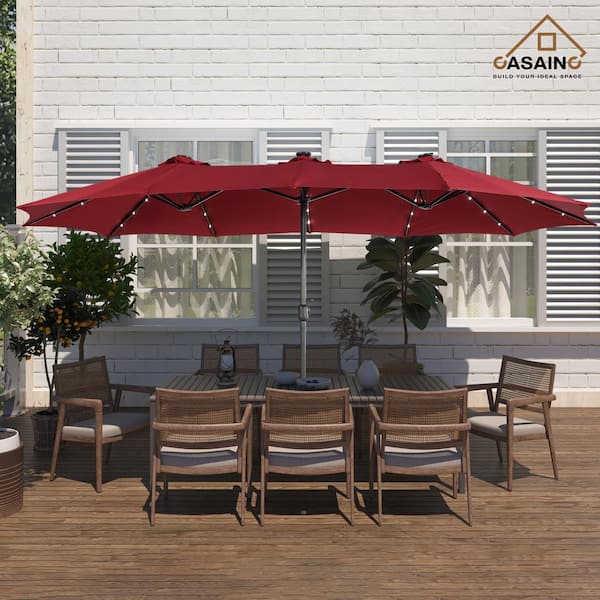 15 ft. Steel Patio Double-Side Market Umbrella with Base and Solar Light with Base in Burgundy