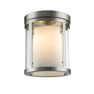 Willow 9 in. 3-Light Brushed Nickel Flush Mount Light with Clear and Matte Opal Glass Shade with No Bulbs Included