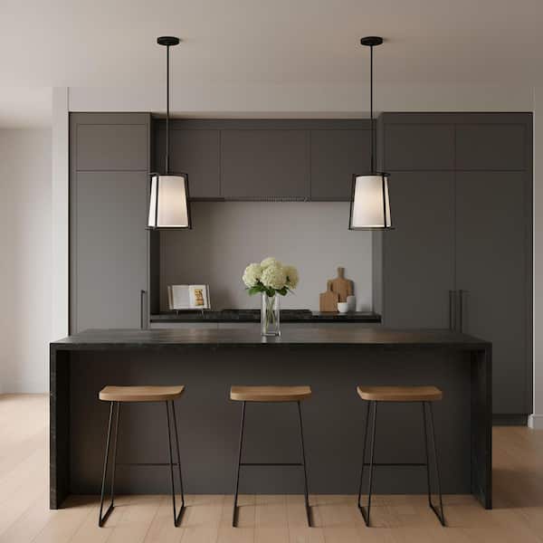 Generation Lighting Cortes 10 in. W x 16 in. H 1-Light Midnight Black Transitional Pendant Light with White Linen Fabric Shade