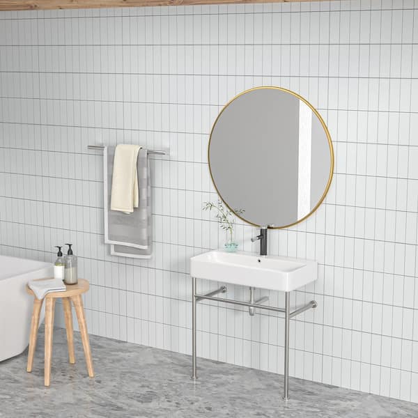 Sarlai 35 in. Ceramic White Single Bowl Console Sink Basin and Silver Leg Combo with Overflow