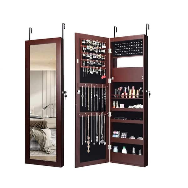 14.5 in. x 47 in. Brown MDF Wall Mounted Jewelry Armoire Cabinet Organizer with Mirror and Lights