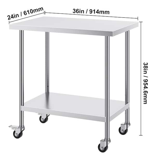 Stainless Steel Work Table 24 x 36 x 38 In., Silver Kitchen Prep Table with 4 Wheels, 3 Adjustable Height Levels