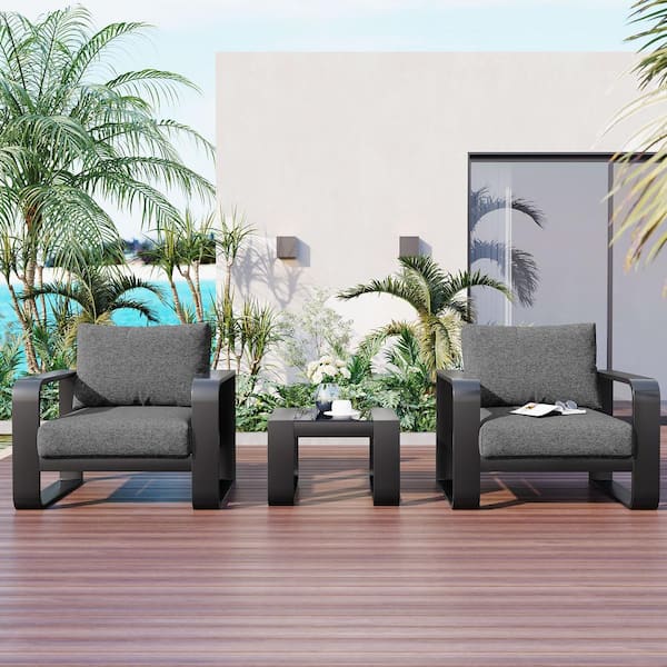 Boosicavelly Black 3-Piece Aluminum Patio Conversation Set with Gray Cushions and Coffee Table