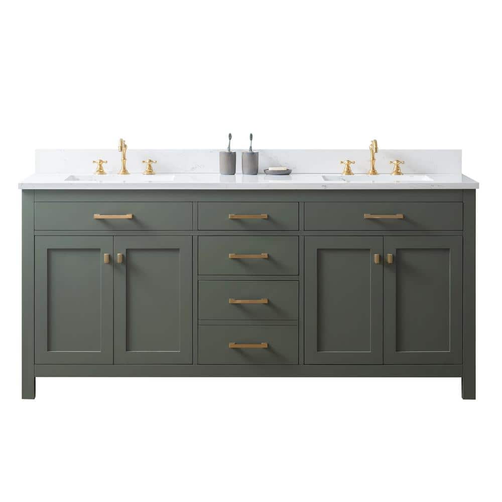 Vintage Green Double Vanity with Carrara White Top and Brushed Bronze Hardware