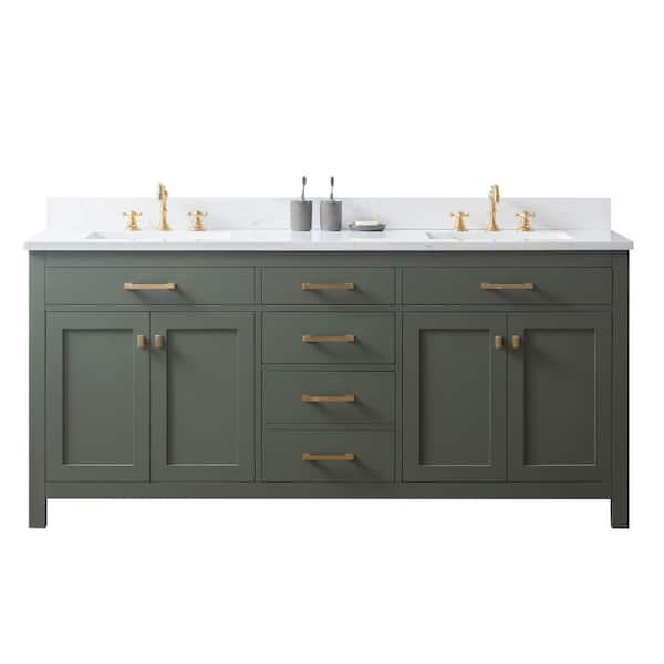 Jasper 72 in. W x 22 in. D Bath Vanity in Vintage Green with Engineered Stone Vanity in Carrara White with White Sinks