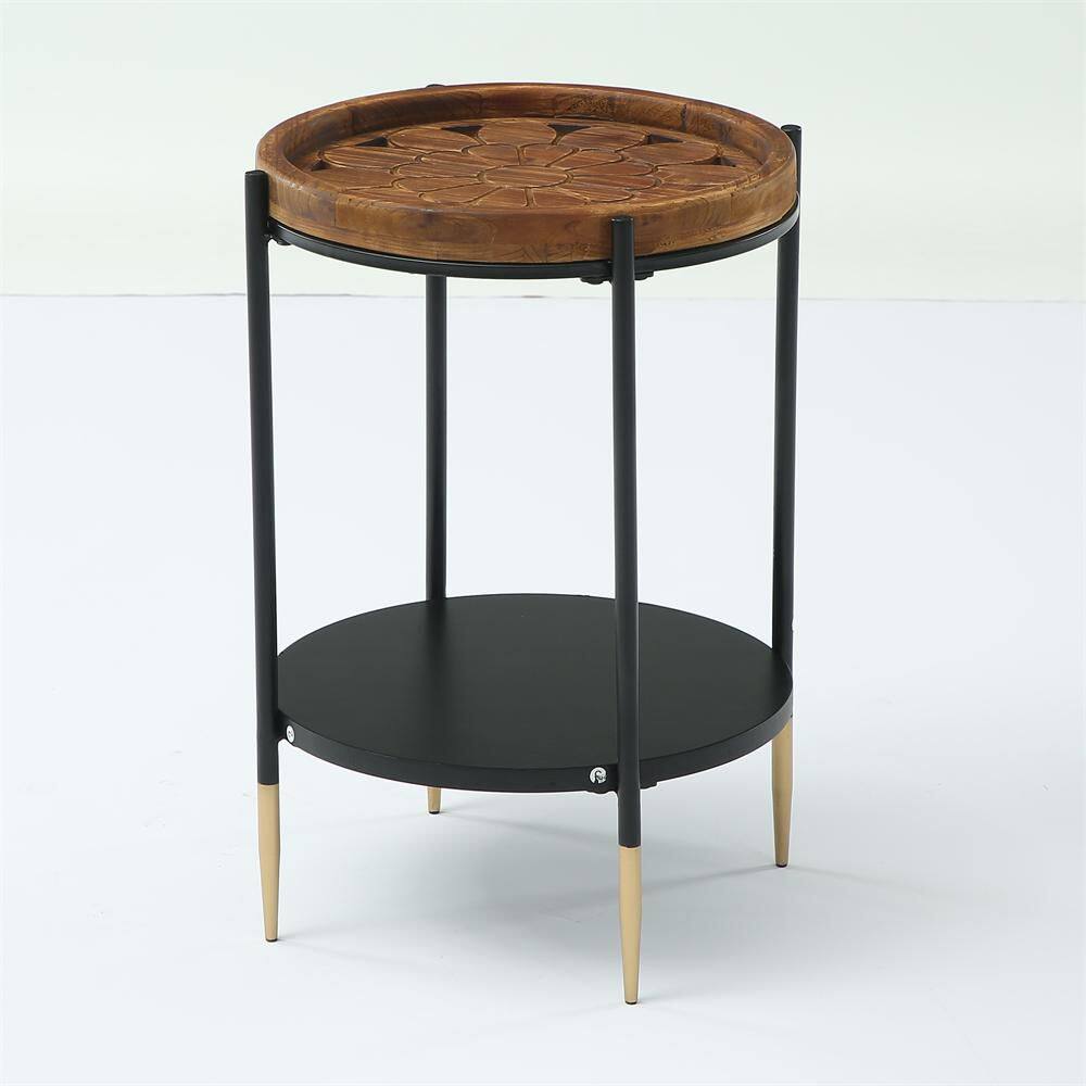 Andrea 15.8 in. Brown and Black Round Solid Wood End Table with Metal Frame, 2-Tier Side Table for Living Room, Bedroom