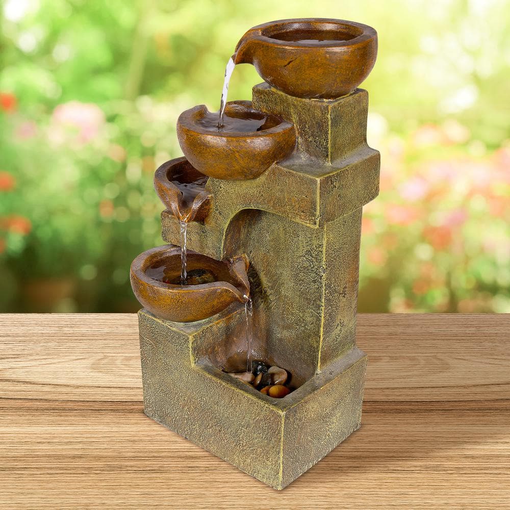 Rustic Beige Fiberglass 17" 4-Tier Tabletop Fountain