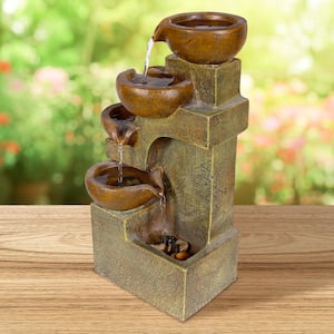 16 in. Tall Indoor/Outdoor Tabletop 4-Tier Pouring Pots Fountain, Brown