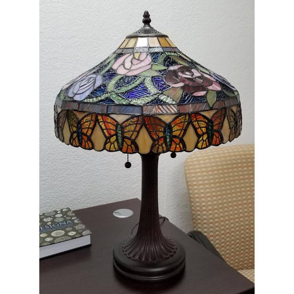 23" Bronze Stained Glass Floral Butterfly Table Lamp