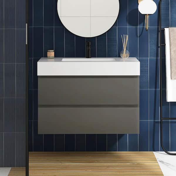 Boosicavelly 36 in. W x 18 in. D x 25 in. H Single Sink Floating Bath Vanity in Gray with White Cultured Marble Top