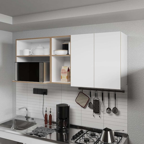 Unbranded 59 in. W x 13 in. D x 24 in. H Wood Ready to Assemble Wall-Mount Kitchen Cabinet with Microwave Space, Open Shelf, White