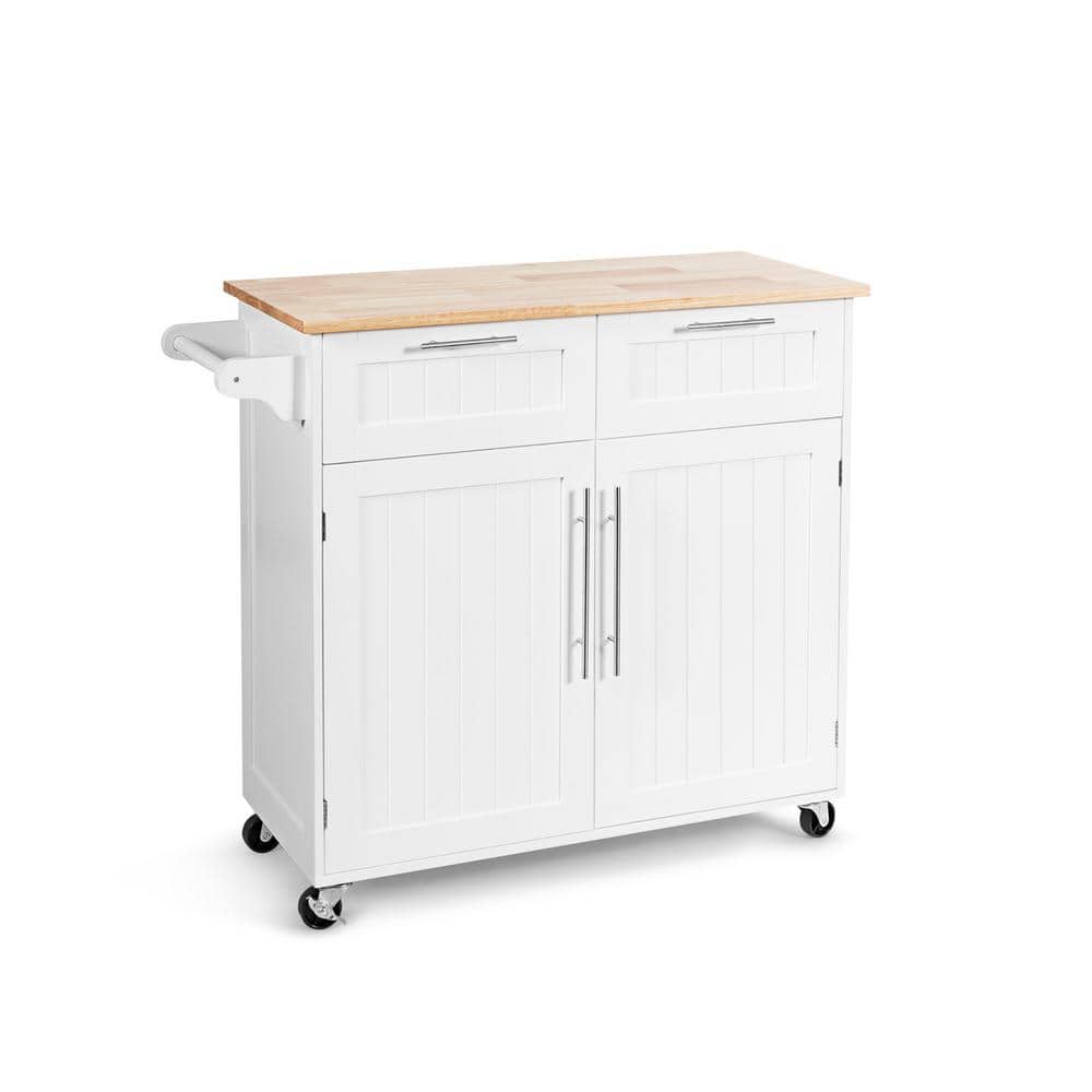 Rolling White Wood Top 37 in. Kitchen Island Cart on Wheels with Towel Rack