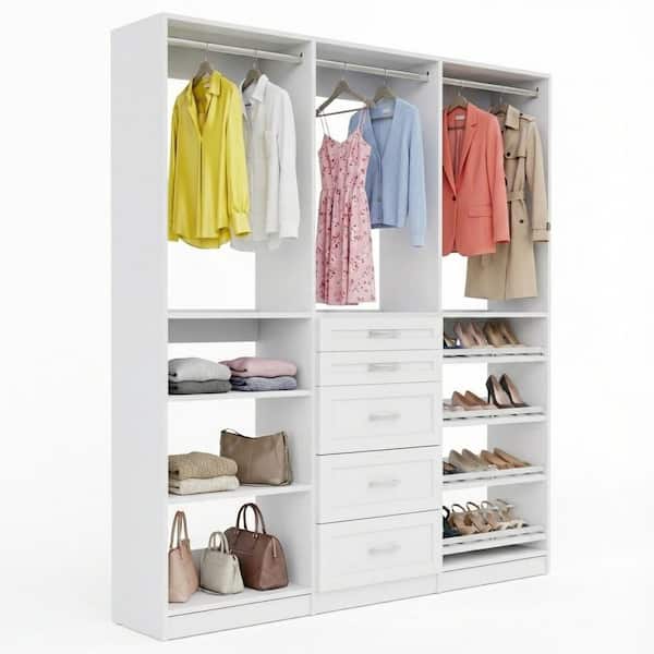 Alto Collection 99 in. W White Wall Mounted Shaker Hang w Shelves, 5-Drawer Hang, Hang Shoe Shelves Wood Closet System