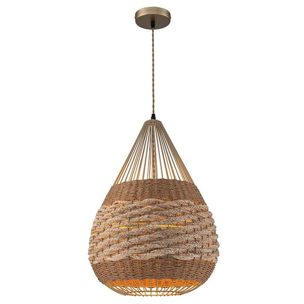 Palma 1-Light 2-Tone Natural Woven Teardrop Pendant Light in Brass Finish