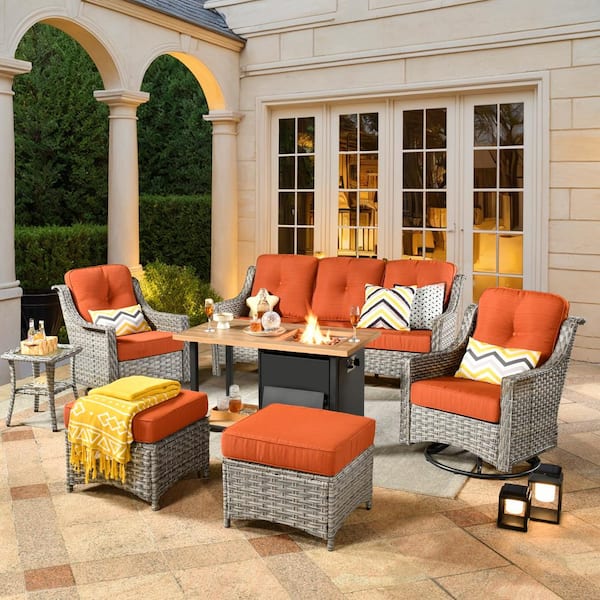 HOOOWOOO Denver 7-Piece Wicker Outdoor Patio Conversation Sofa Set with Swivel Chairs, a Storage Fire Pit and Orange Red Cushions