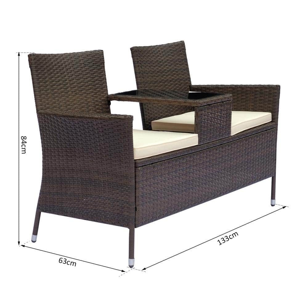 Modern 2-Person Rattan Loveseat with Built-in Glass Table - Brown