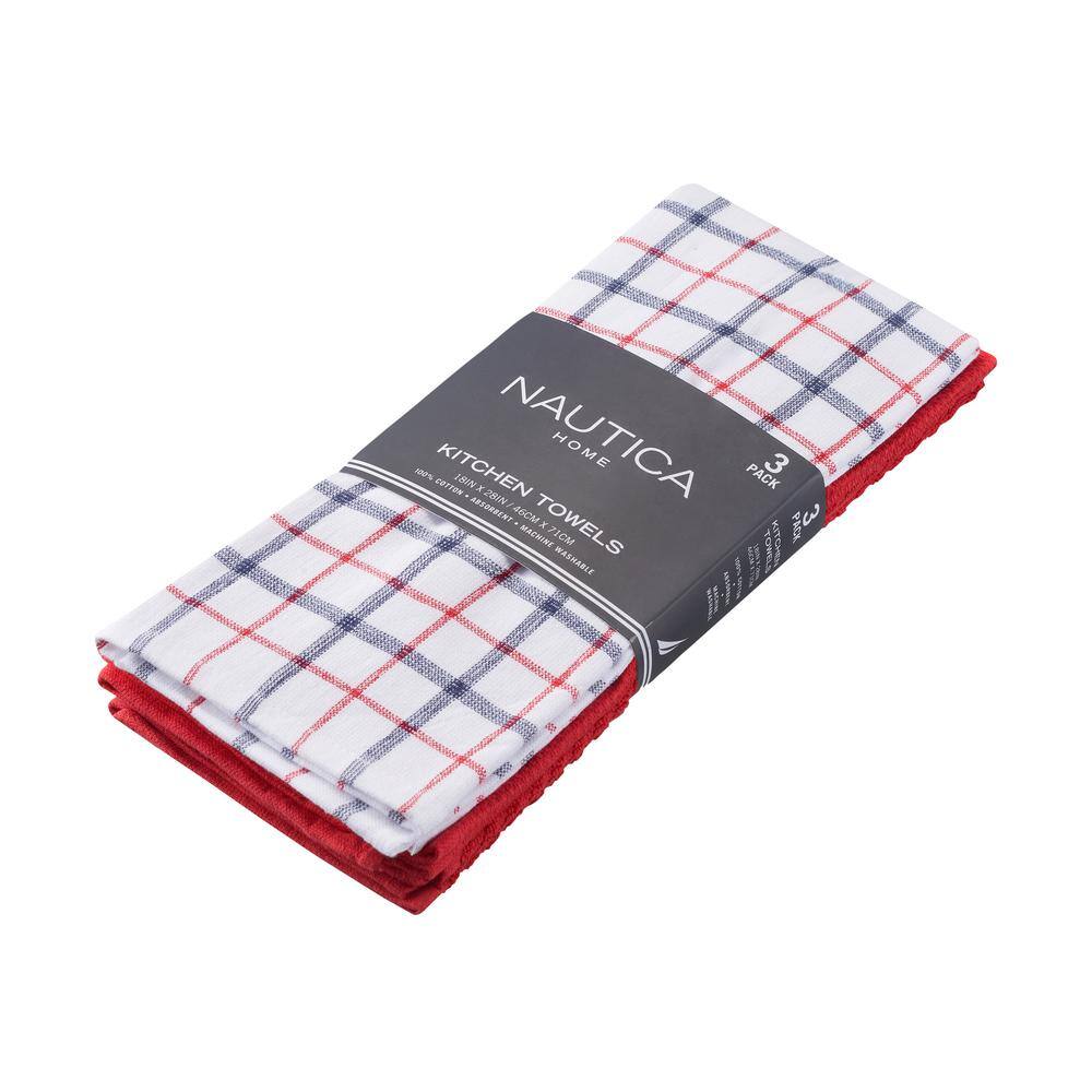 Red and White Plaid Cotton Kitchen Towels Set of 3