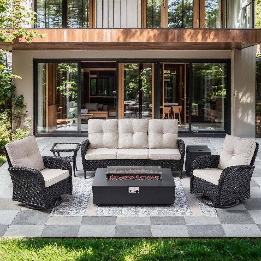 Black 5-Piece Wicker Patio Fire Pit Set, Outdoor Sofa Seating Set with Olefin Beige Cushions and Swivel Gliders price history on PriceWatchPro