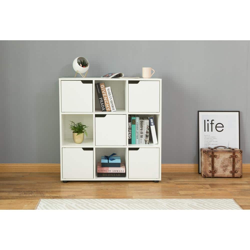 White 9-Cube Wooden Organizer with Doors and Shelves