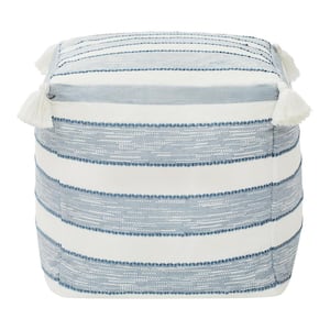18 in. x 18 in. x 18 in. White and Blue Square Outdoor Pouf with Tassel