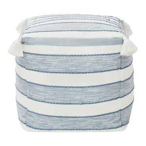 White and Blue Square Outdoor Pouf with Tassel