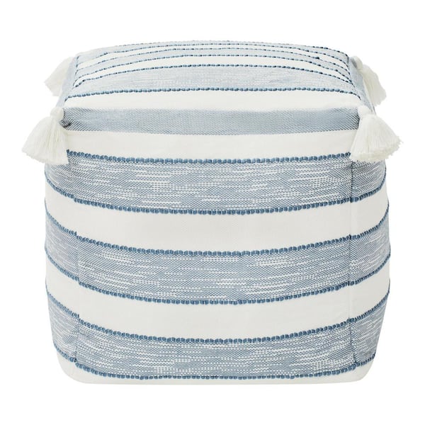 Hampton Bay 18 in. x 18 in. x 18 in. White and Blue Square Outdoor Pouf with Tassel