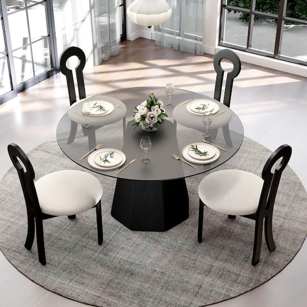 Magic Home Modern 53.15 in. Black Round Tempered Glass Tabletop Dining Table with Black Pedestal Base (Seats 6)