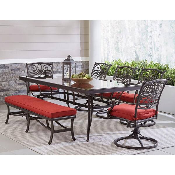 Hanover Traditions 7 Piece Aluminum Outdoor Patio Dining Set With Red