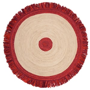 Cape Cod Red/Natural 5 ft. x 5 ft. Braided Fringe Border Round Area Rug