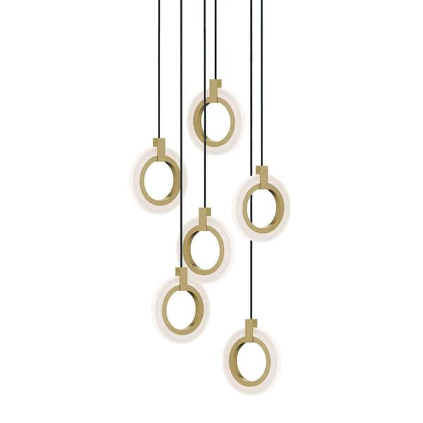 Halo 18-Watt 6-Light Integrated LED Pendant Light Light Antique Brass with White Acrylic Shade